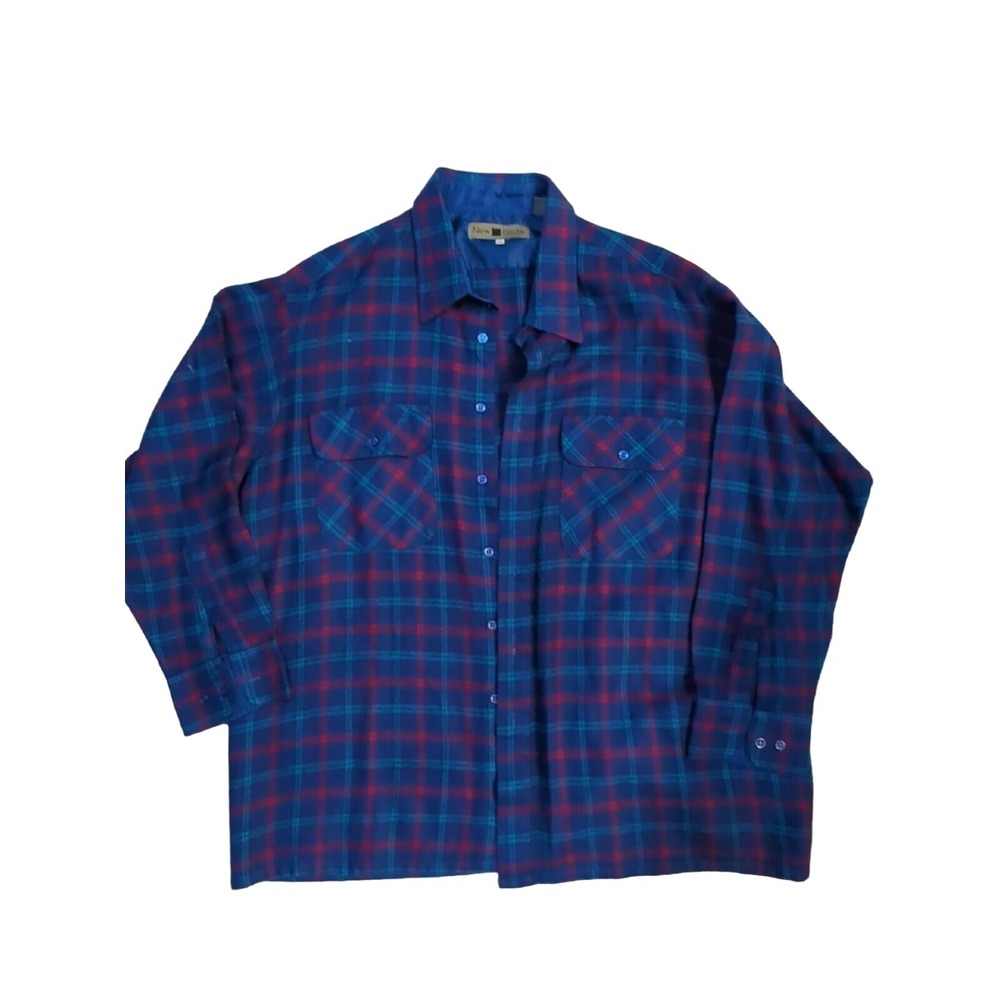 New Castle vintage blue red teal plaid‎ long sleeve button shirt men 2X acrylic
